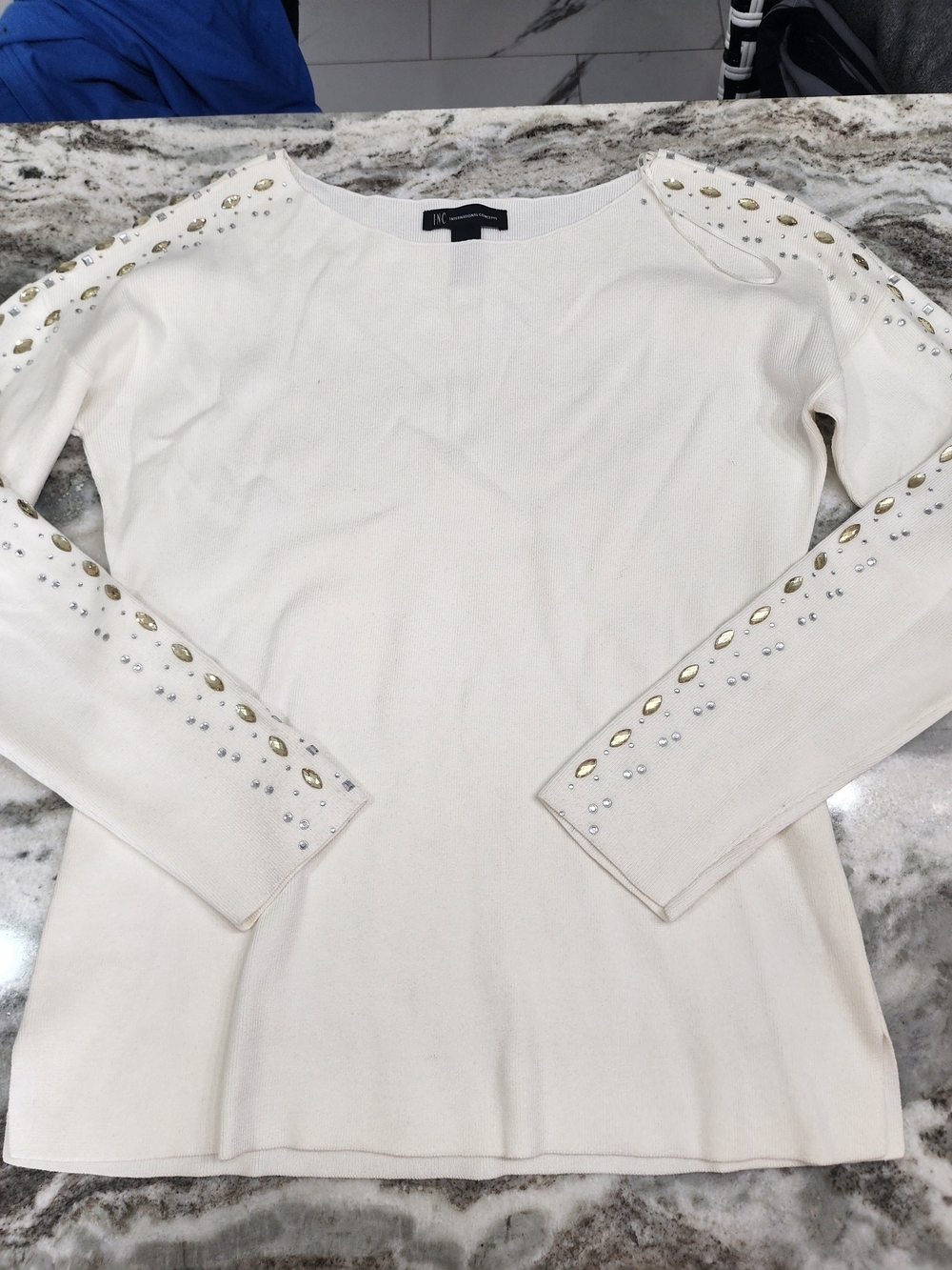 INC International Concepts Cream Embellished Long Sleeve Sweater